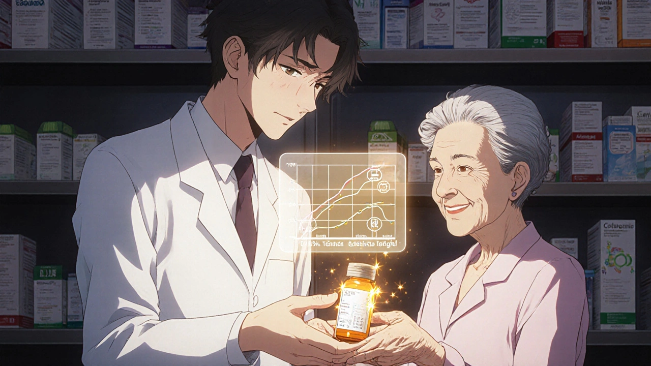 An elderly woman receives a generic medication bottle from a pharmacist, with a bioequivalence diagram floating between them.