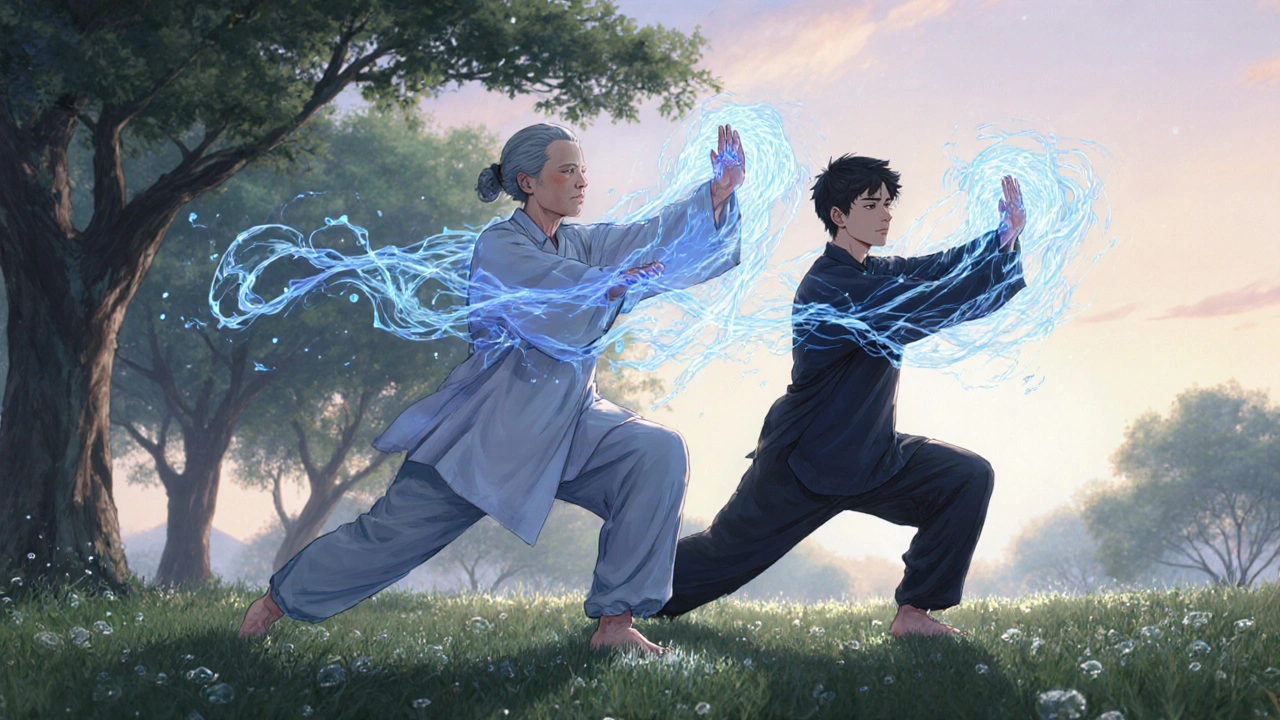 An older woman and young man performing tai chi together in a peaceful park at dawn, arms flowing like water.