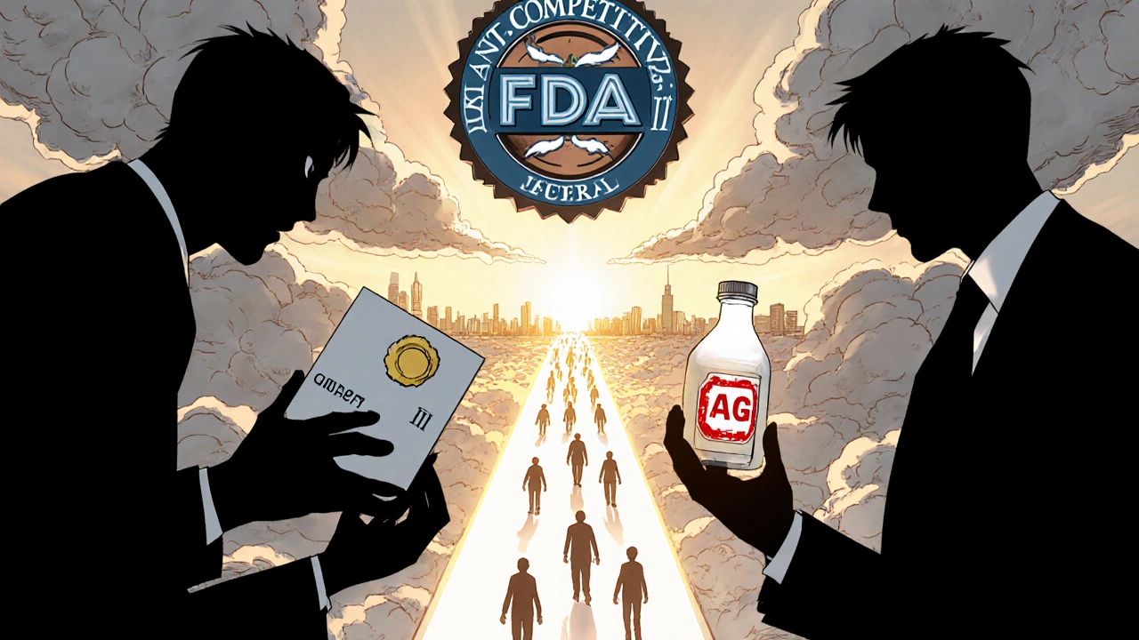 Corporate figures clash over authorized generic as patients walk toward it under FDA light.