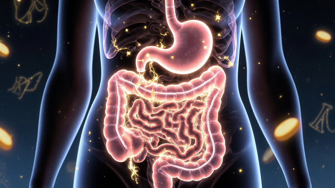 Cross-section of pregnant digestive system with enzymes breaking down nutrients toward fetus.
