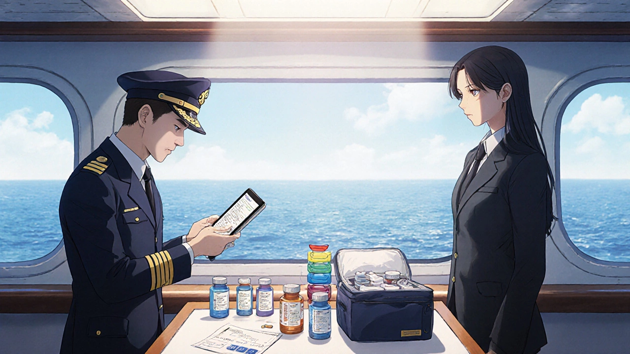 Cruise customs officer inspecting labeled meds with doctor’s letter and digital list.