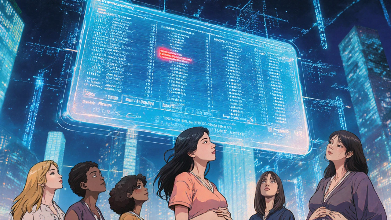 Digital pregnancy registry with AI analyzing medication risks and glowing safety alerts