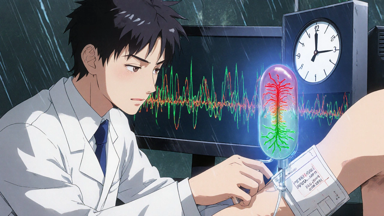 Doctor administering IVIG as holographic nerve signals improve, clock showing urgent timeline.