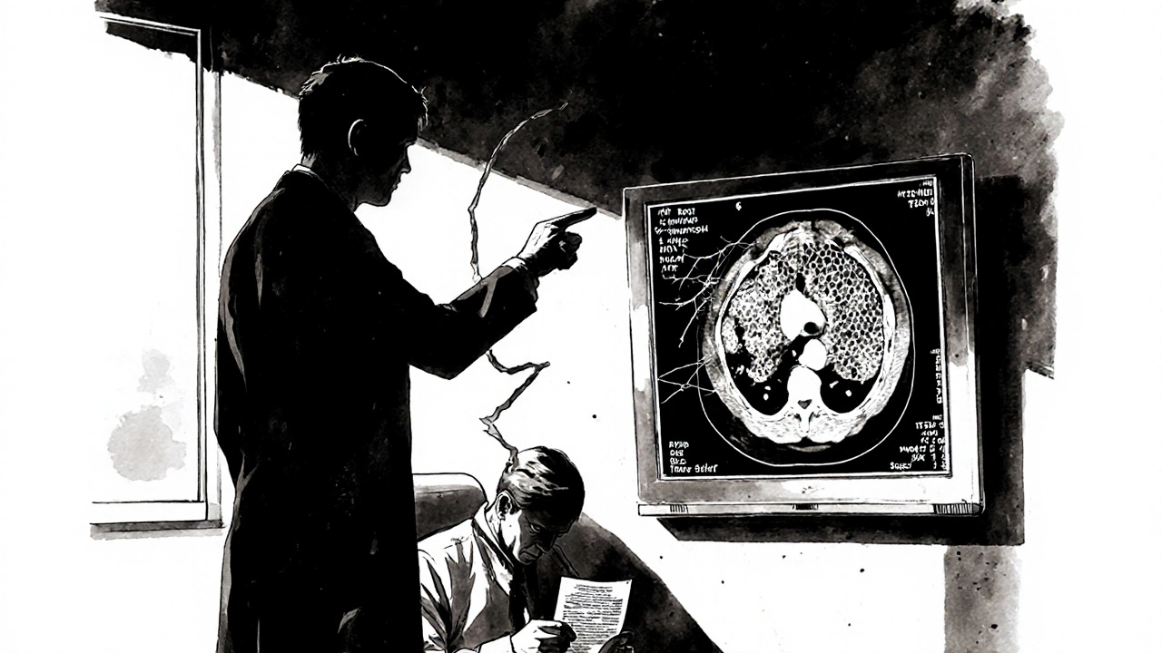 Doctor and patient in hospital, CT scan showing honeycomb lung scarring with shadowy fibrosis creeping outward.