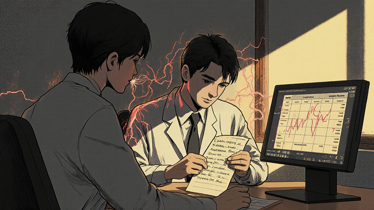 Doctor and patient reviewing medication list with visual representation of constricting blood vessels.