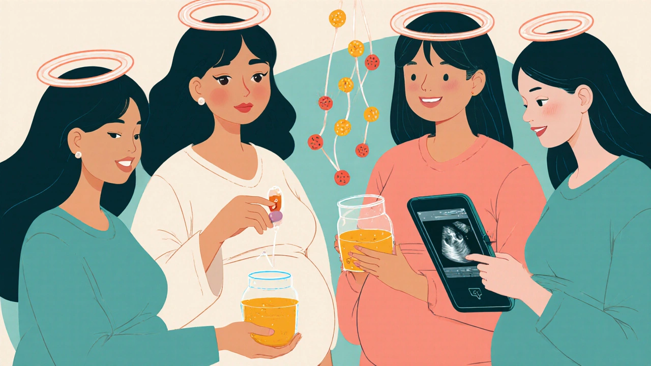 Group of pregnant women supporting each other with pancrelipase and nutrient streams to babies.