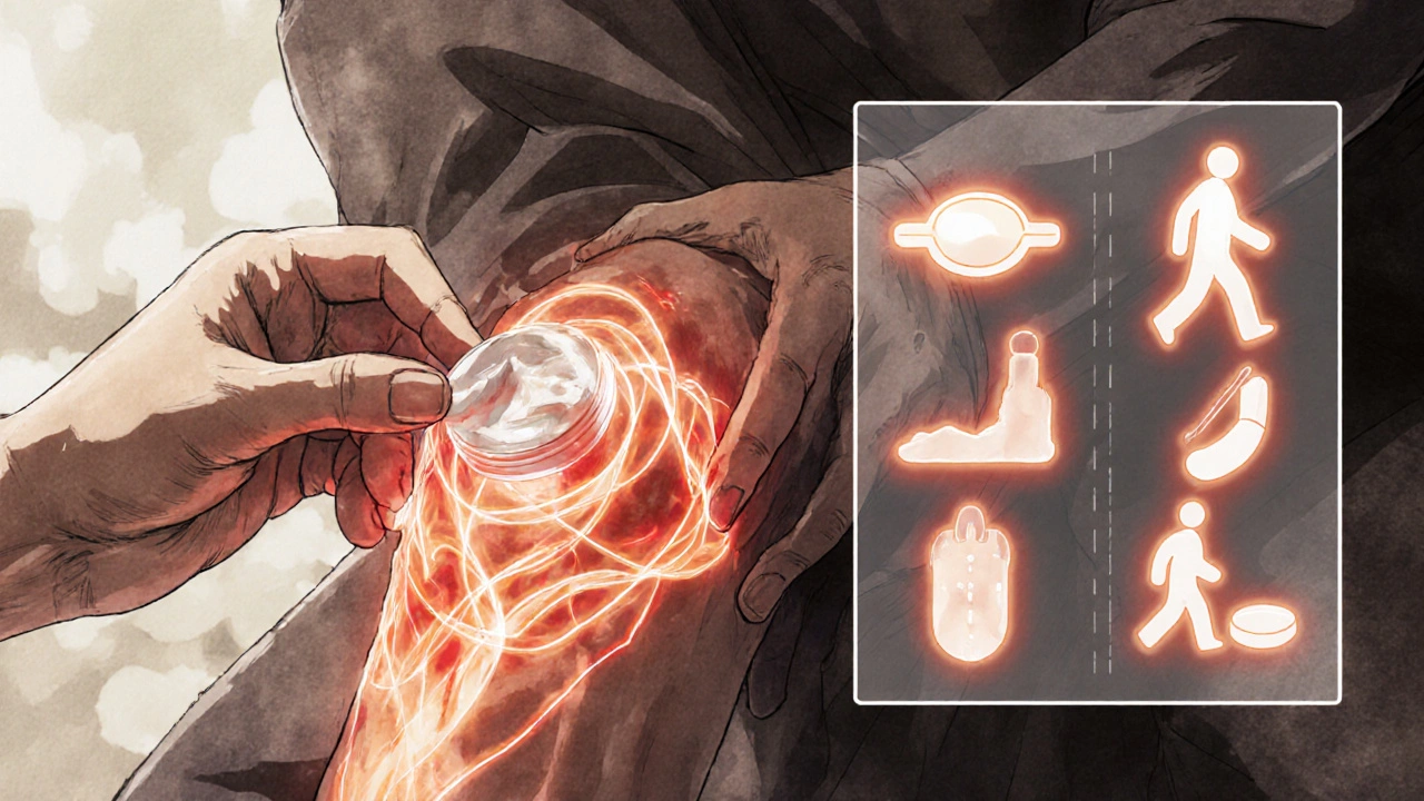 Hand applying capsaicin cream to knee with glowing energy waves, therapeutic icons floating nearby.