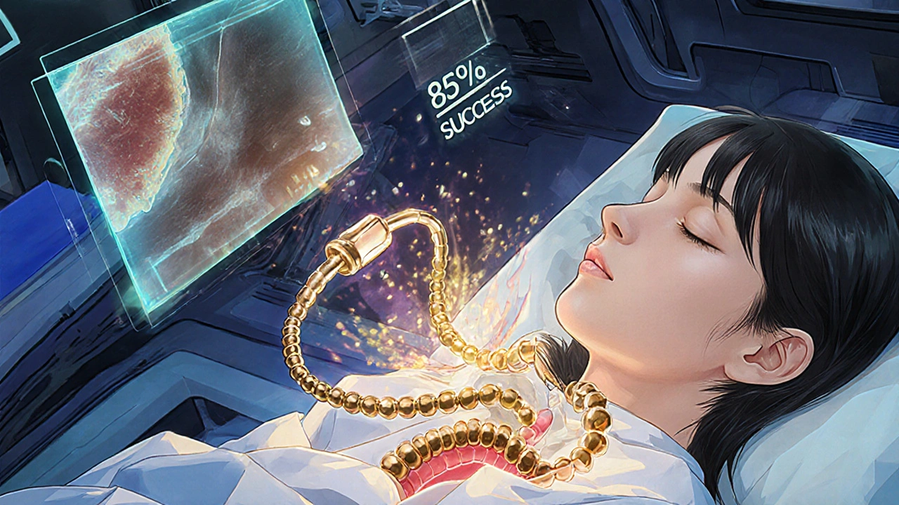 Magnetic LinX® device blocking acid in esophagus, patient sleeping peacefully with healing holograms.