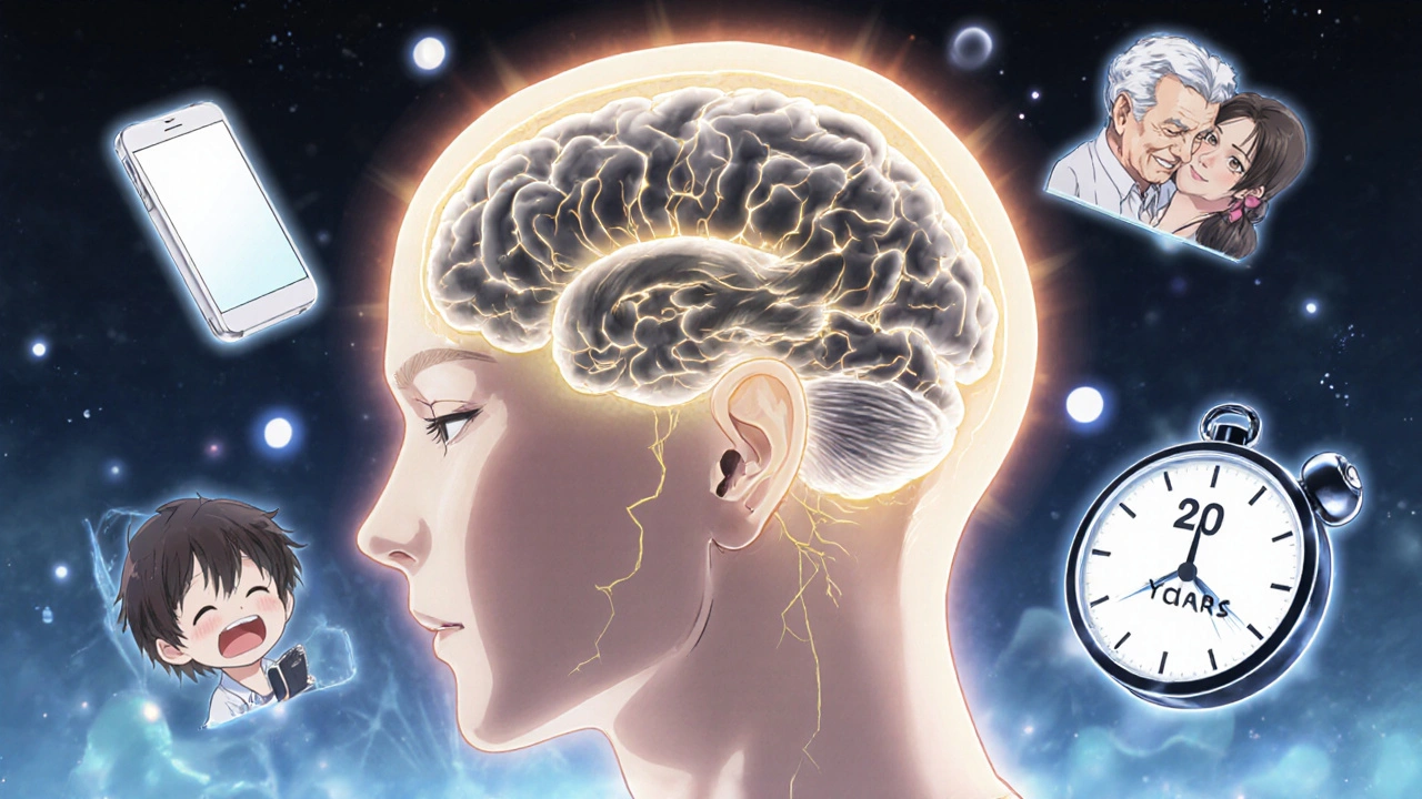 Neural pathways in the brain glow gold as a cochlear implant reawakens hearing after years of silence.