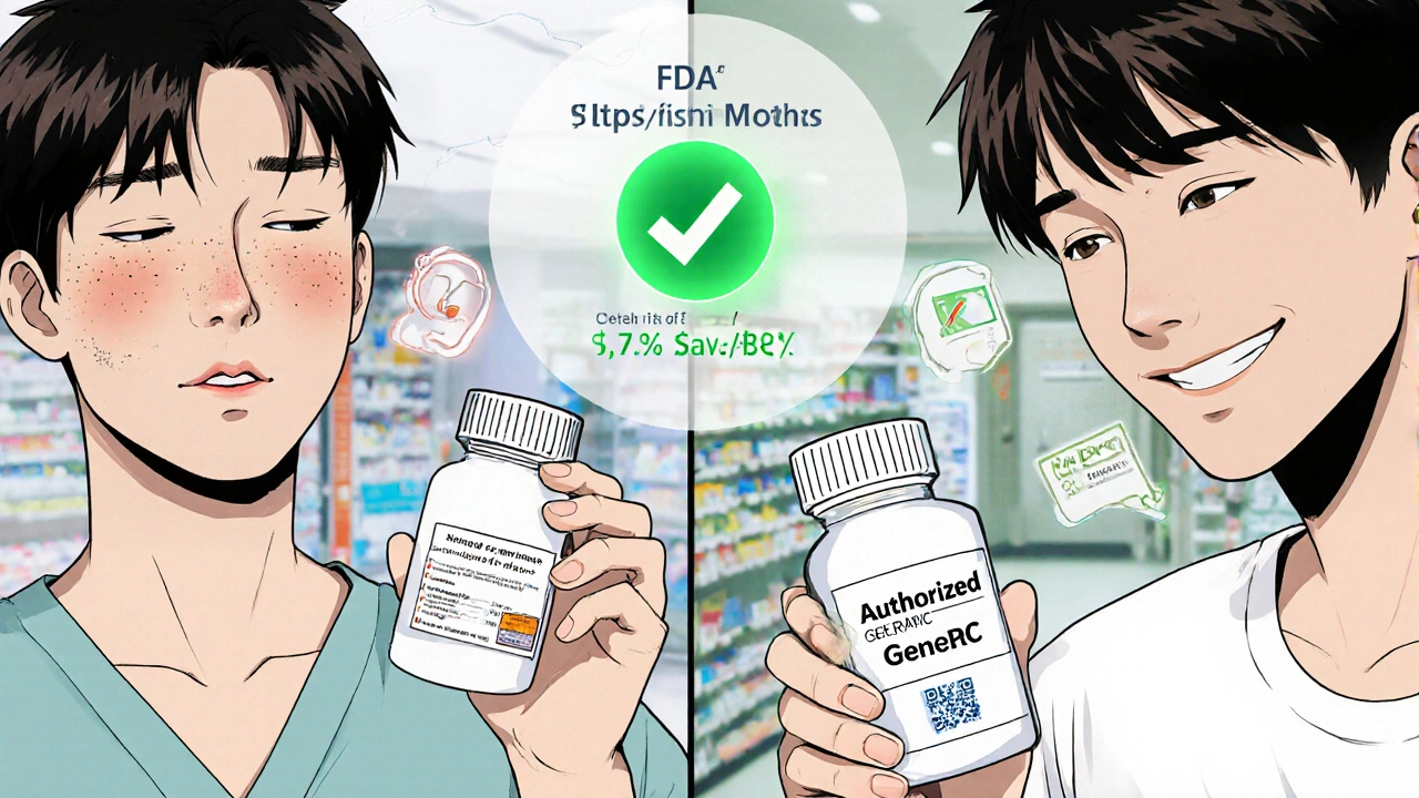 Patient compares side effects of generic vs. authorized generic with glowing checkmark.