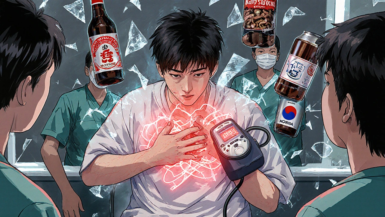 Patient in ER with spiked blood pressure, floating food items shattering around them.