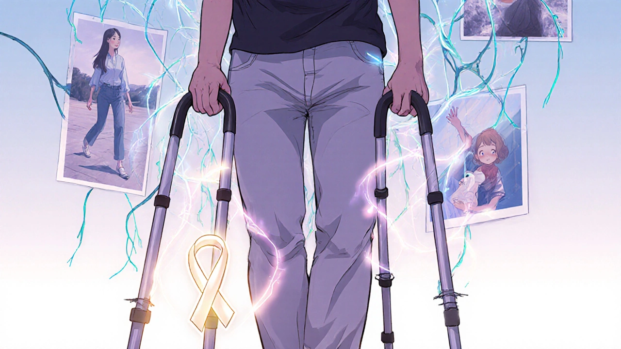 Patient standing with therapy aids, nerves regenerating like vines, memories fading in background.