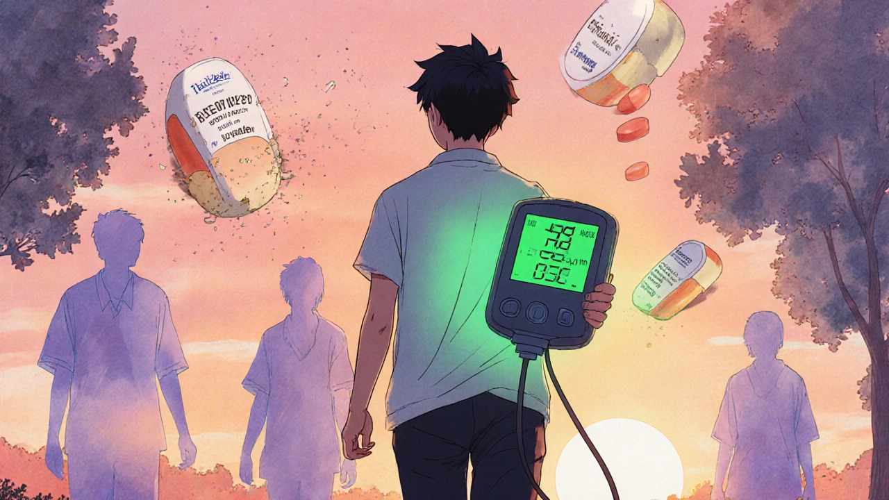 Person walking in park with glowing normal BP monitor as harmful pills crumble into dust.