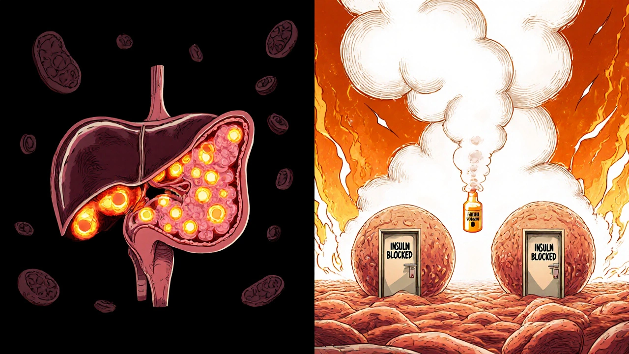 Split illustration of pancreas, liver, and muscle cells showing how steroids block insulin and spike glucose.