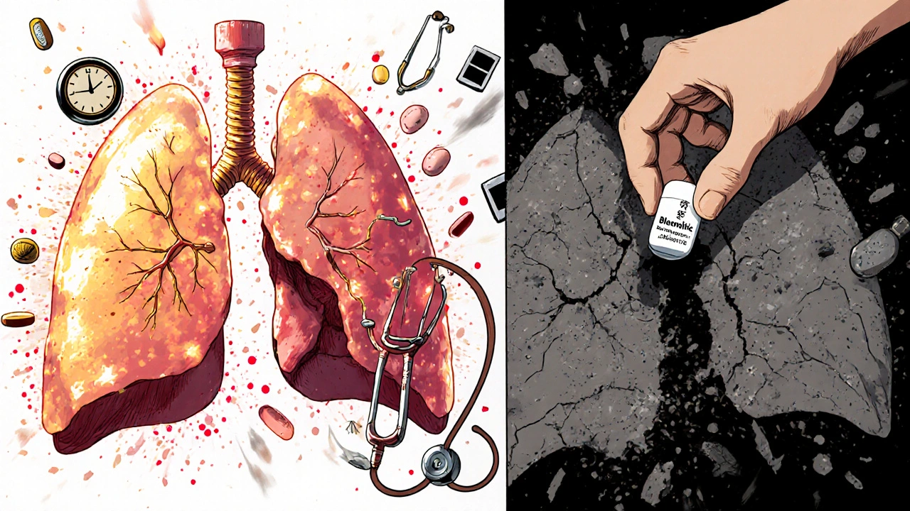 Split image: healthy lung vs. scarred lung, hand pulling away a chemotherapy pill as symbols dissolve.