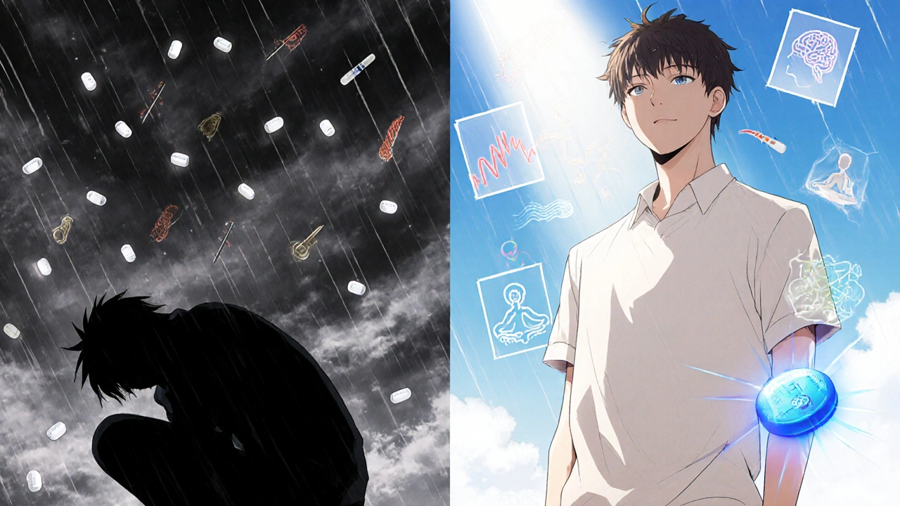 Split image: person freed from opioid rain to stand strong surrounded by holistic pain treatments.