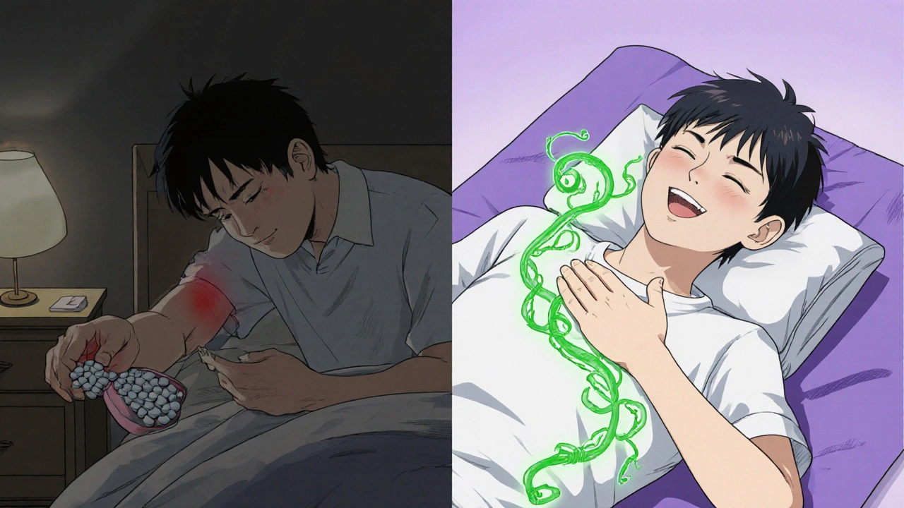 Split image: person reaching for pills vs. same person relaxed after yoga, with a calming green energy glow.