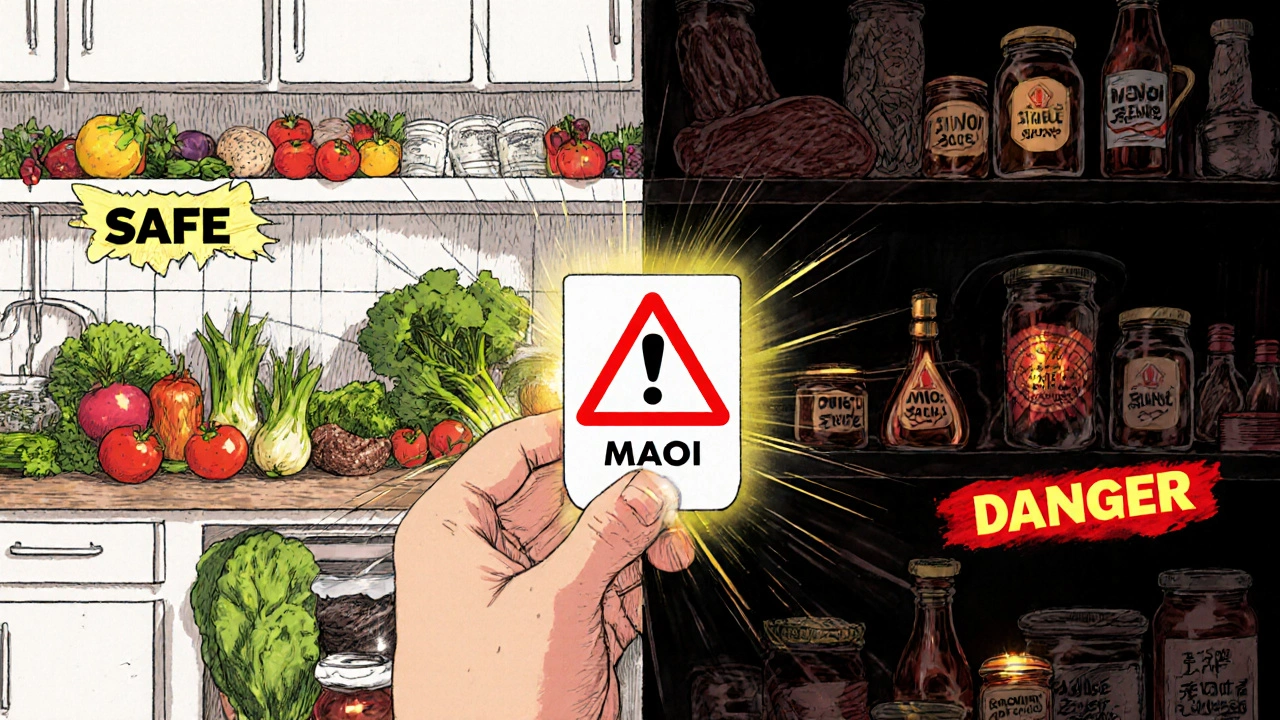 Split kitchen scene: fresh foods on left, dangerous fermented items on right, warning card in center.