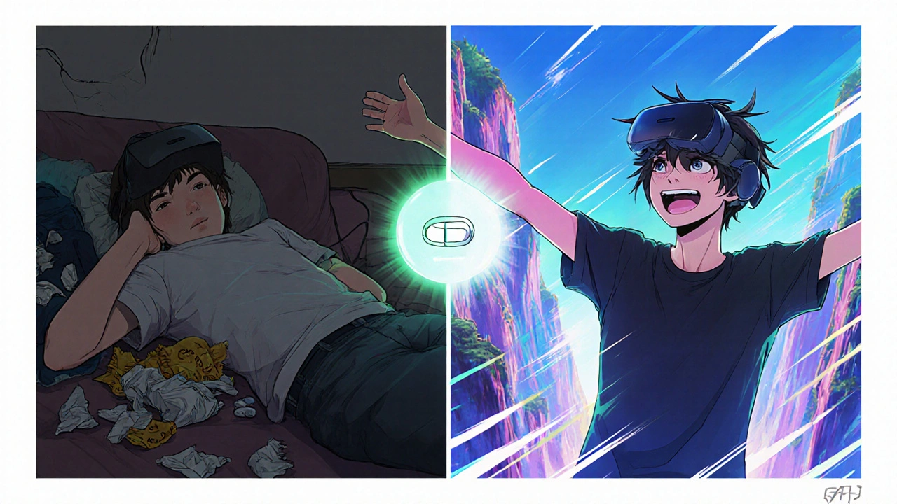 Split scene: gamer sick on couch vs. same person thriving in a vibrant virtual world, connected by a glowing pill icon.