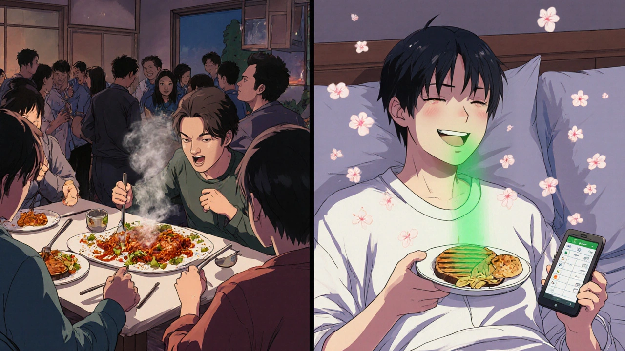 Split scene: person eating triggers vs. eating healthy with elevated bed and food diary app.