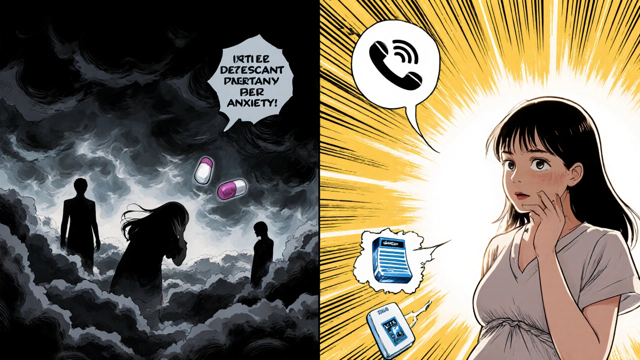 Split scene: woman stopping meds in fear vs. continuing safely with medical support