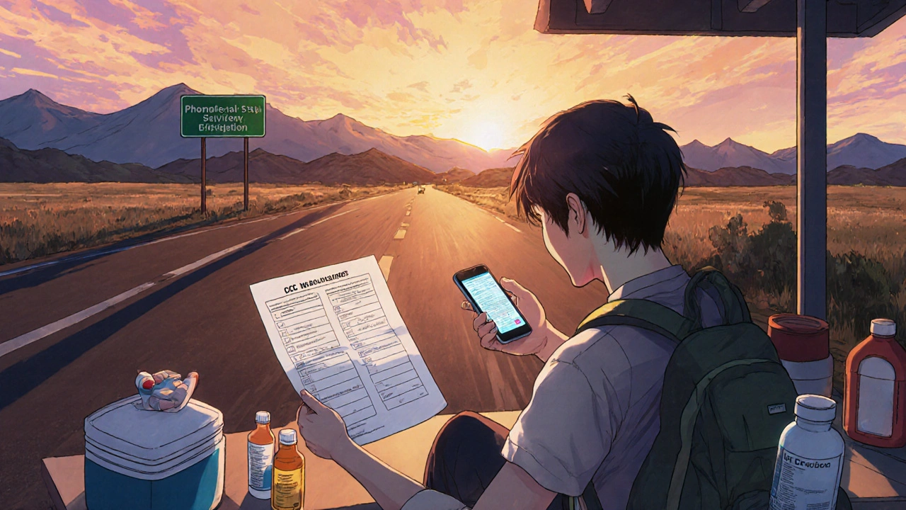 Traveler receiving replacement meds at roadside pharmacy with checklist and cooler.