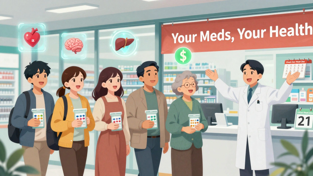 A diverse group of people entering a pharmacy with digital health icons floating above them, led by a welcoming pharmacist.