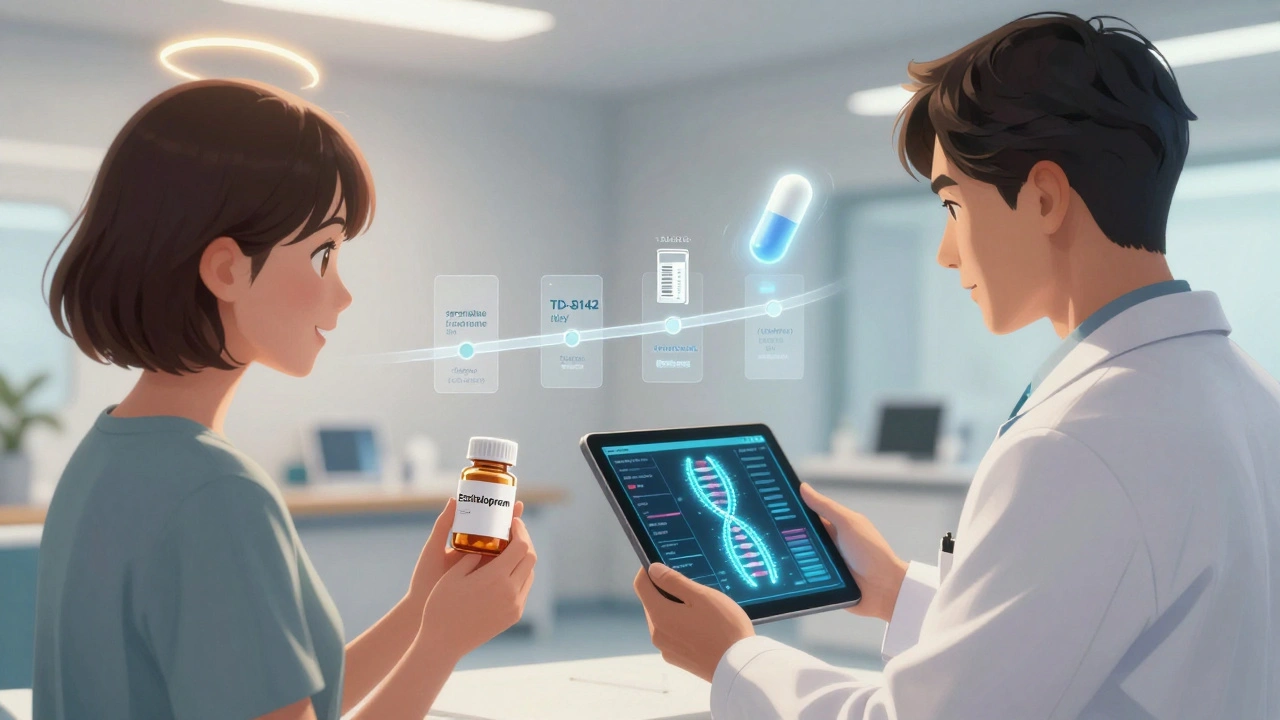 A doctor and patient discussing treatment options with genetic data and future medication visible.