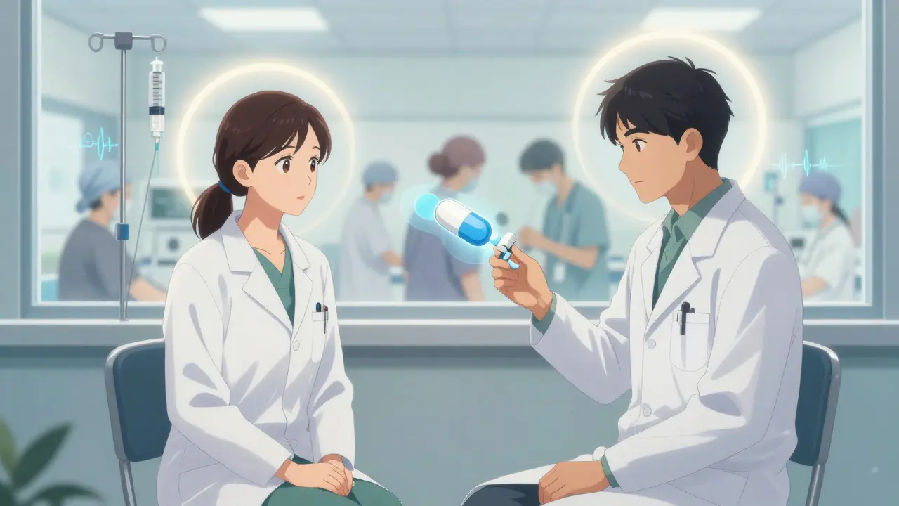 A doctor and patient together as a brand-name pill transforms into a generic one, with hospital scenes in the background.