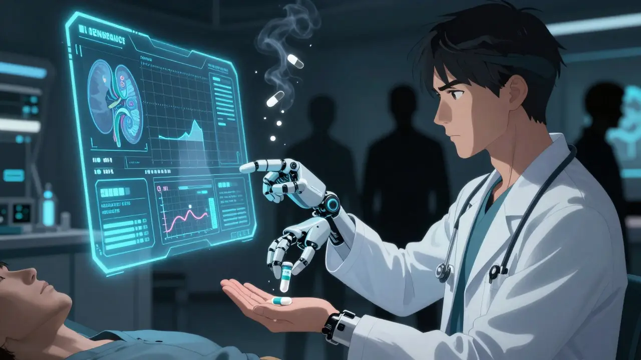 A doctor using a holographic interface to monitor lithium levels and genetic data in a futuristic clinic.