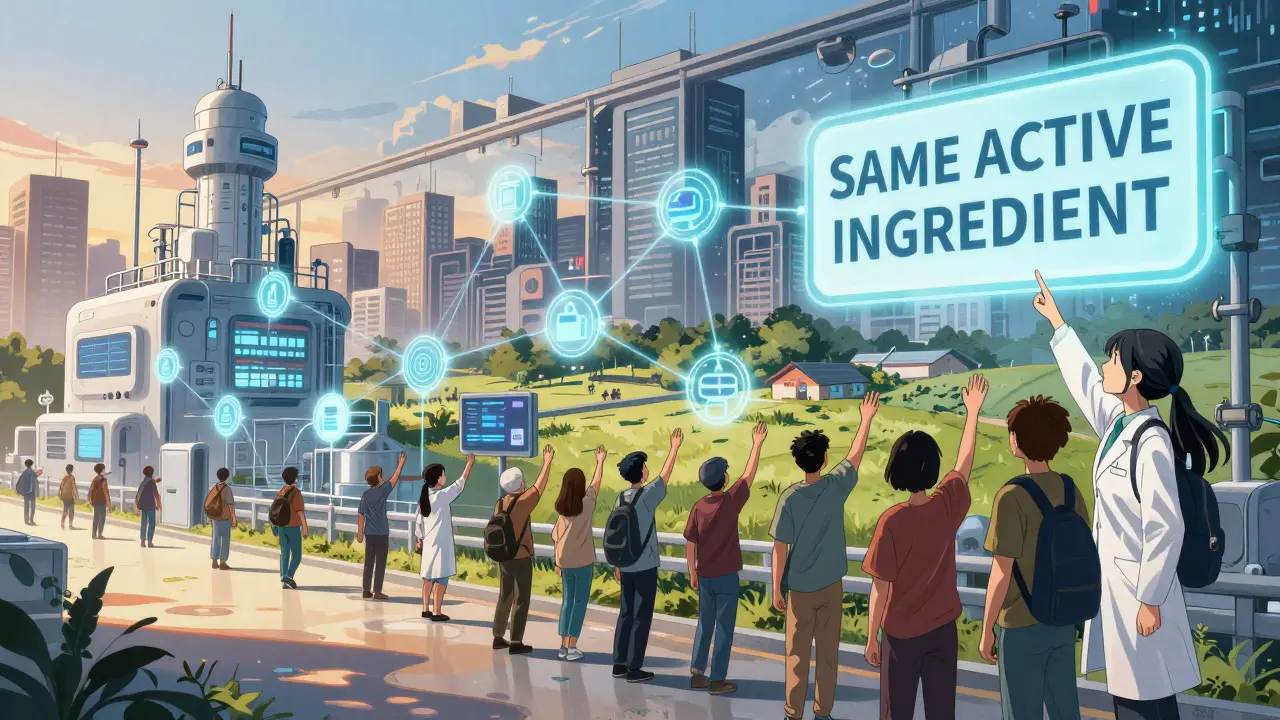 A futuristic supply chain mural connects labs to clinics, with a glowing label declaring 'Same Active Ingredient'.