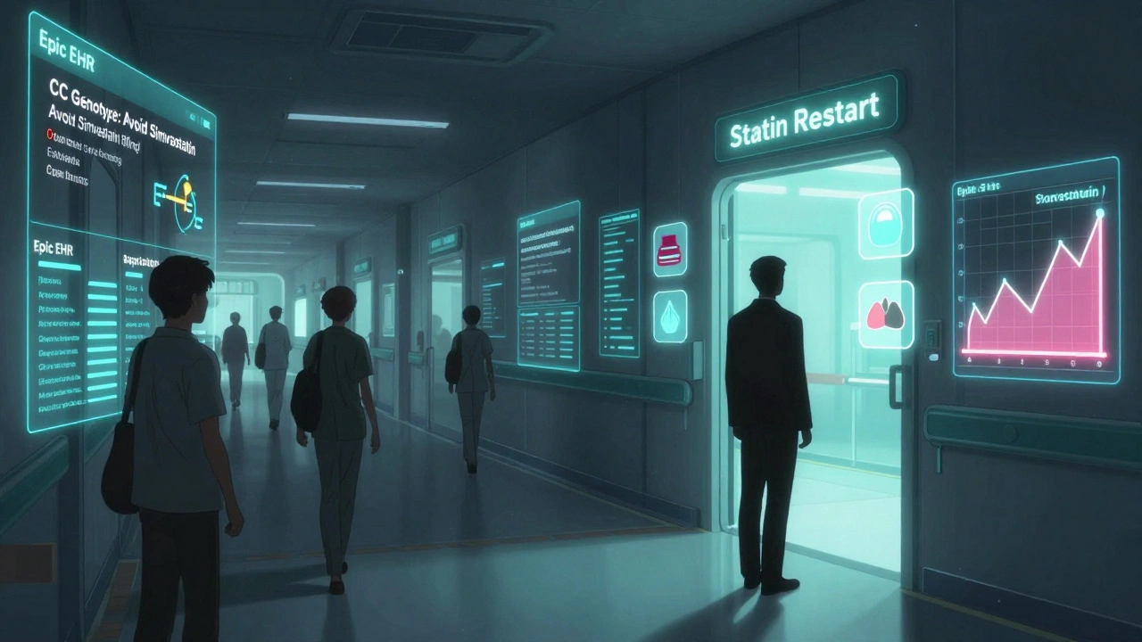 A hospital corridor with digital warnings about statin genetics, a patient approaching a 'Statin Restart' door.