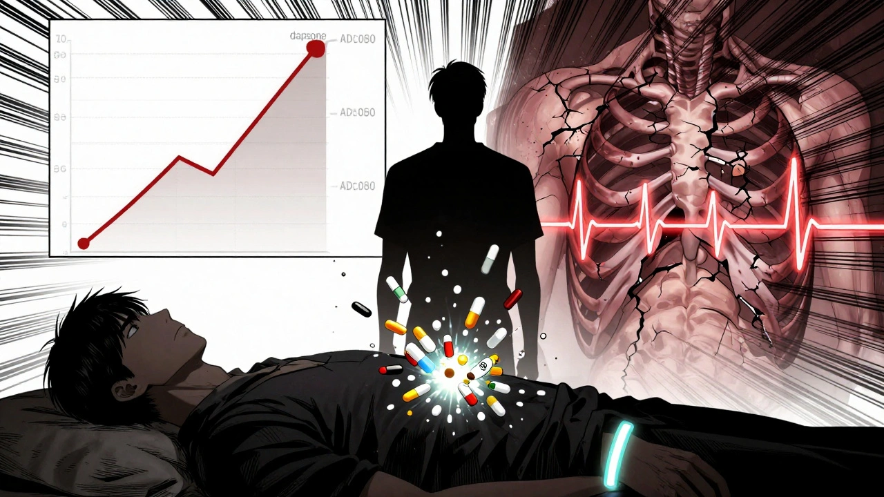 A medical alert bracelet with dangerous drugs breaking apart, showing two diverging health paths.