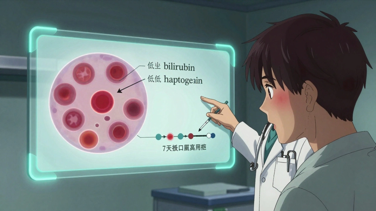 A medical chart displaying lab results and blood smear details, with a doctor pointing at a timeline.
