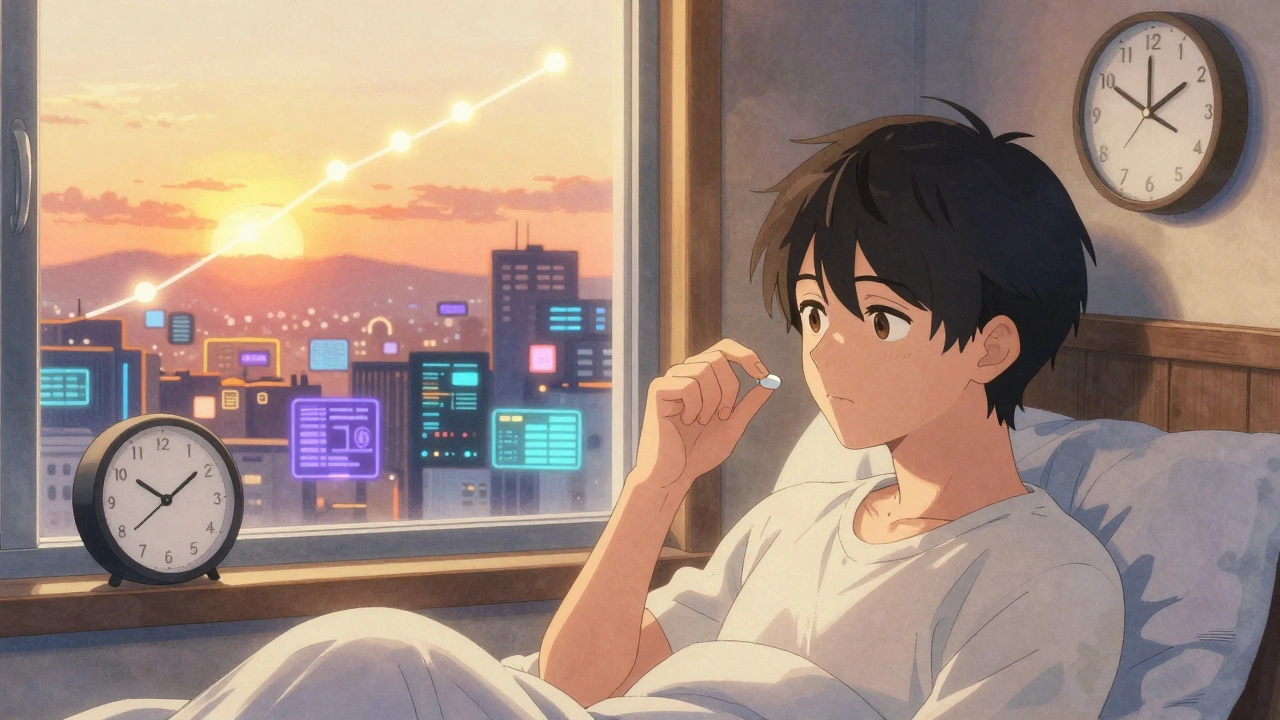 A person takes a tiny melatonin tablet at sunset, bathed in golden light as their body prepares for sleep.