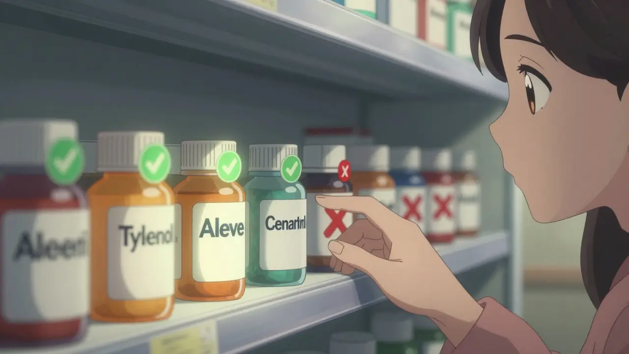 A pharmacy shelf with safe pain relievers glowing brightly while risky meds are marked with red Xs.