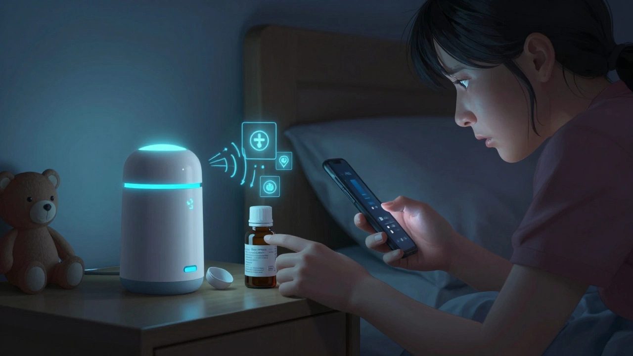 A smart medicine cap glowing as it sends an alert to a phone while a child reaches for the bottle.