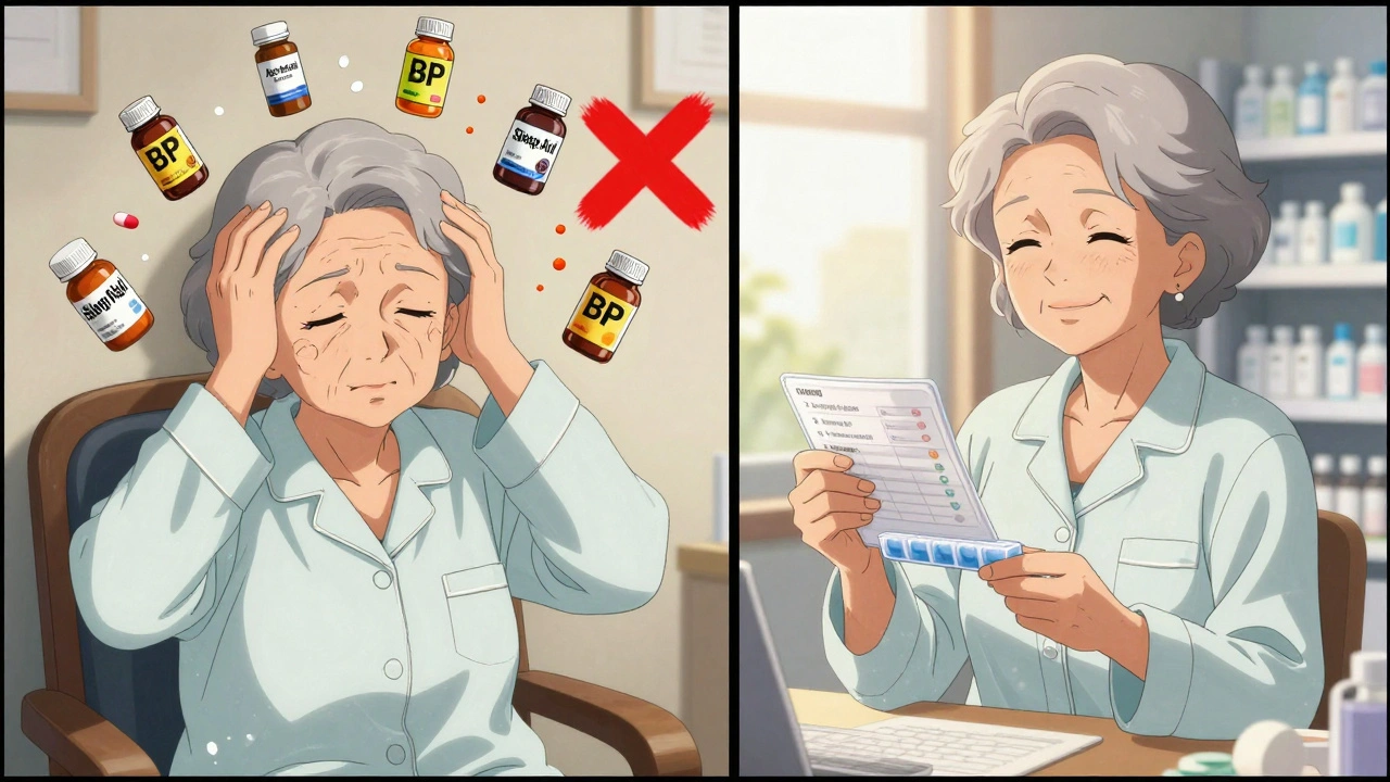 An elderly woman before and after a medication review, with floating pills and a peaceful transformation.