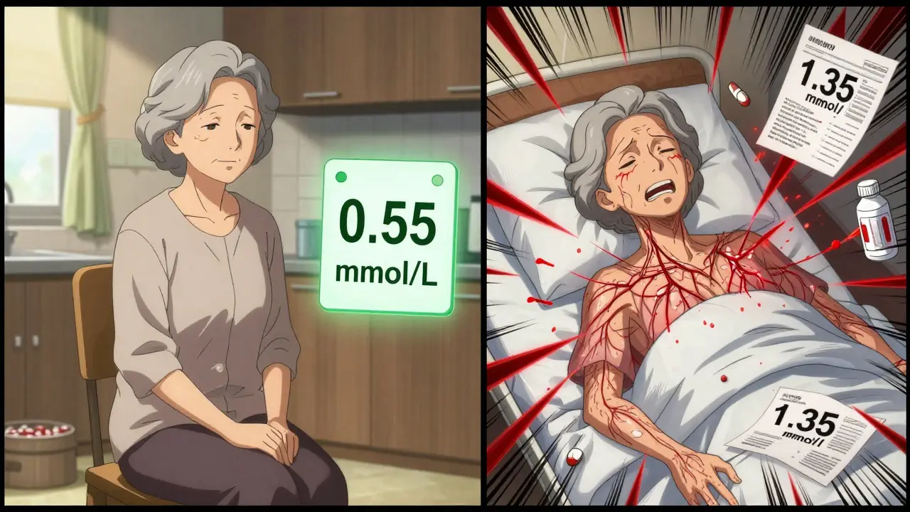 An elderly woman calmly in her kitchen vs. trembling in a hospital bed with toxic lithium levels.