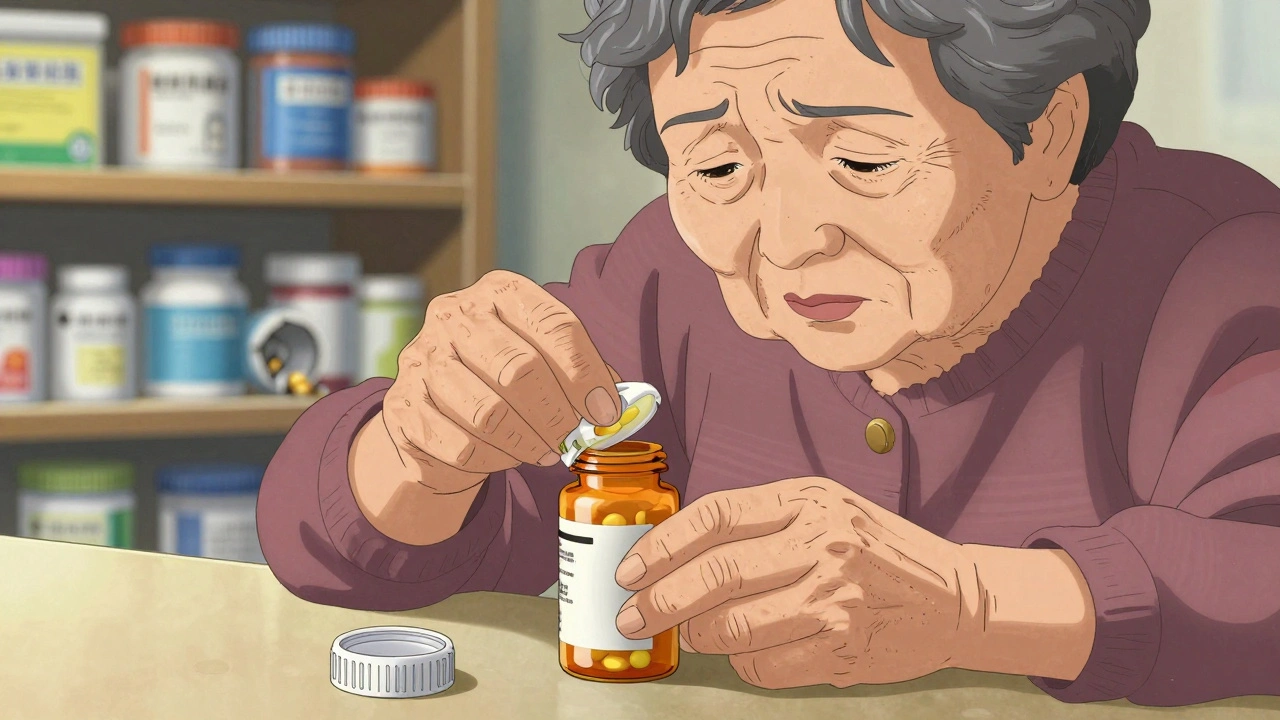 An elderly woman struggling to close a pill cap, with a senior-friendly alternative nearby.