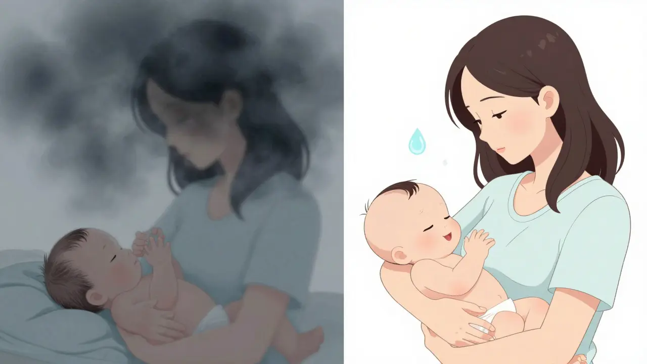 Contrasting scenes: one baby drowsy from unsafe meds, another alert and nursing safely.