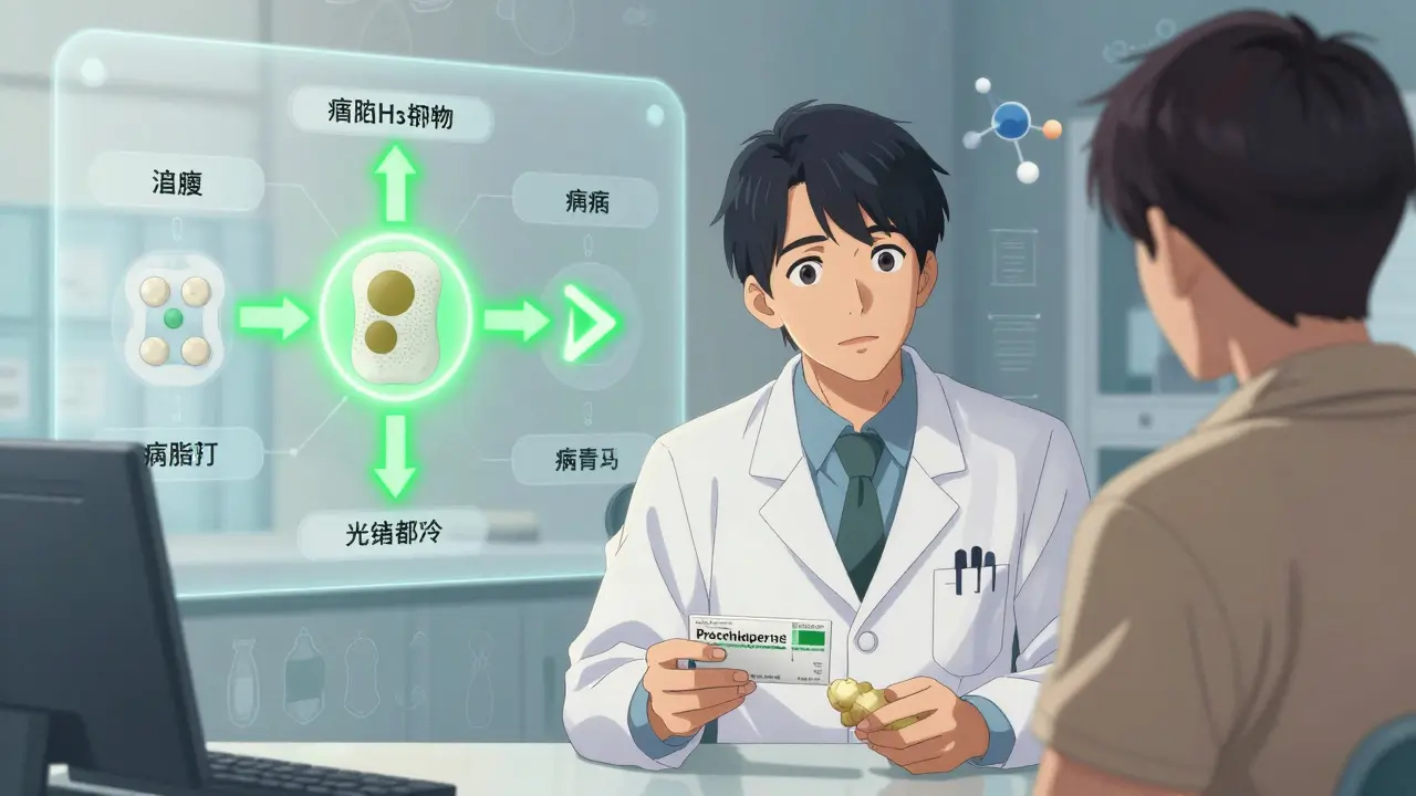 Doctor and patient discussing opioid rotation, with glowing flowchart showing morphine to fentanyl switch and future treatment symbol.