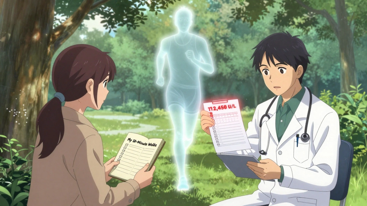 Doctor and patient reviewing blood results, transitioning from risky to balanced fitness habits.