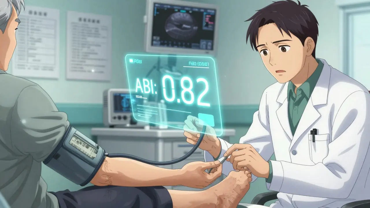 Doctor measuring ankle and arm blood pressure for PAD diagnosis
