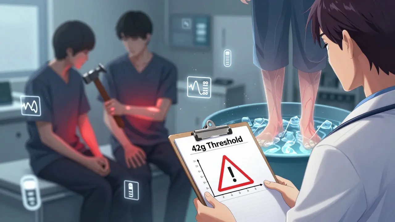 Doctor points to a 42g warning graph while ghostly patients with nerve symptoms appear behind them.