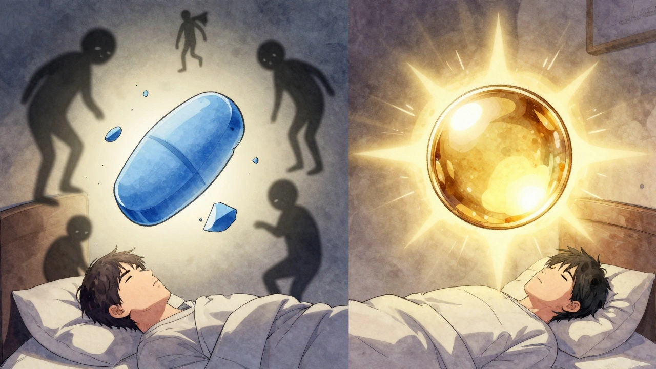 Gabapentin and pregabalin pills floating beside a bed, with shadowy side effects surrounding them.