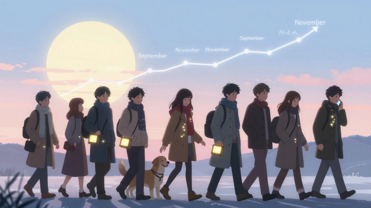 Group walking in winter with light boxes, sun rising behind them, symbols of routine and connection.