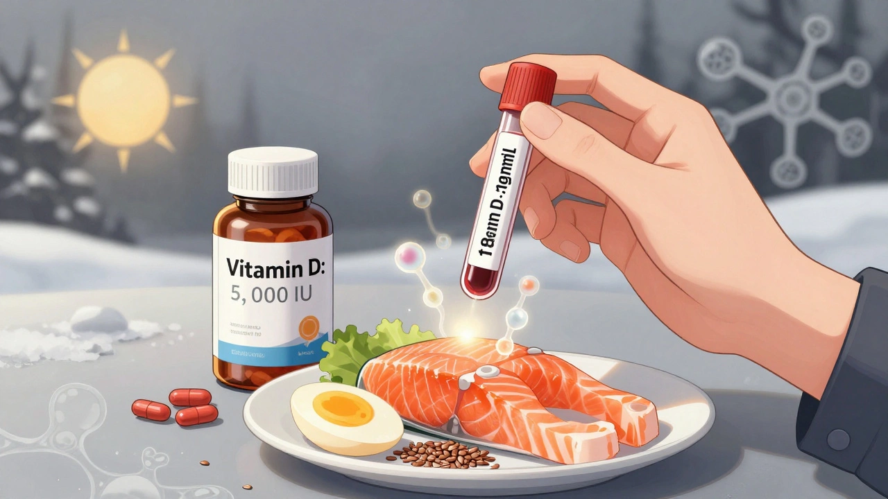 Hand holding vitamin D blood test vial beside salmon and supplements, glowing serotonin molecules nearby.