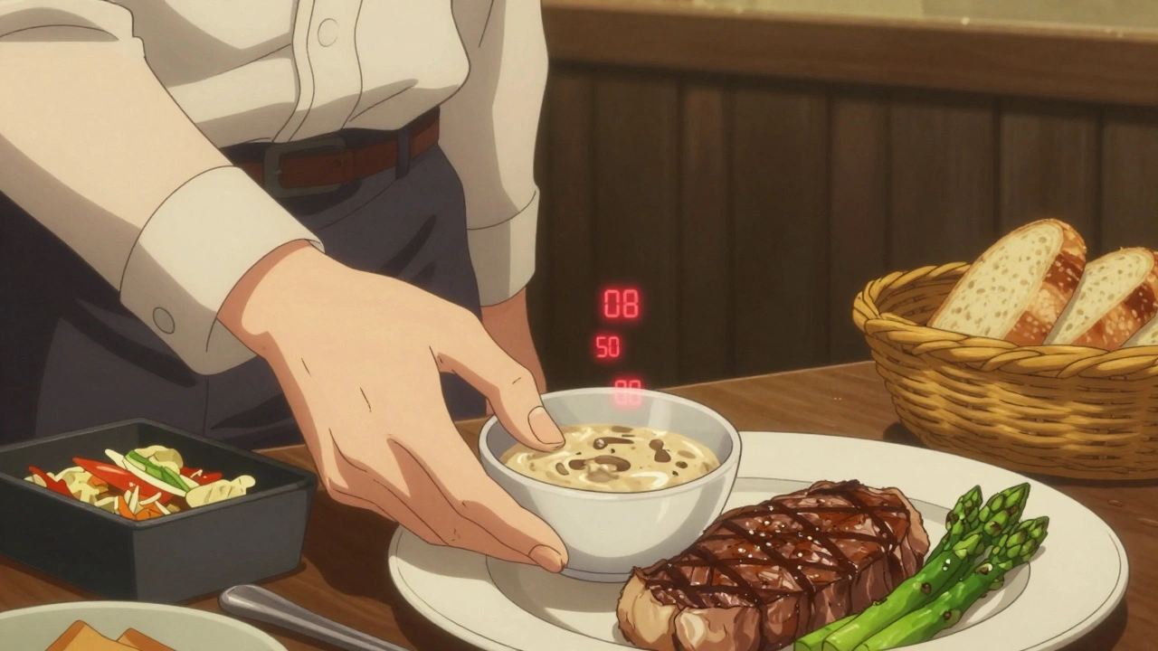 Hand requesting sauce on the side with grilled steak and steamed vegetables, bread basket pushed away.