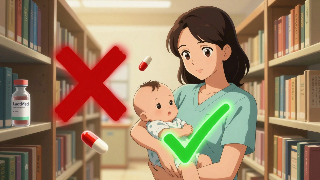 Mother confidently holds baby beside safe meds, with dangerous drugs marked by red Xs in background.